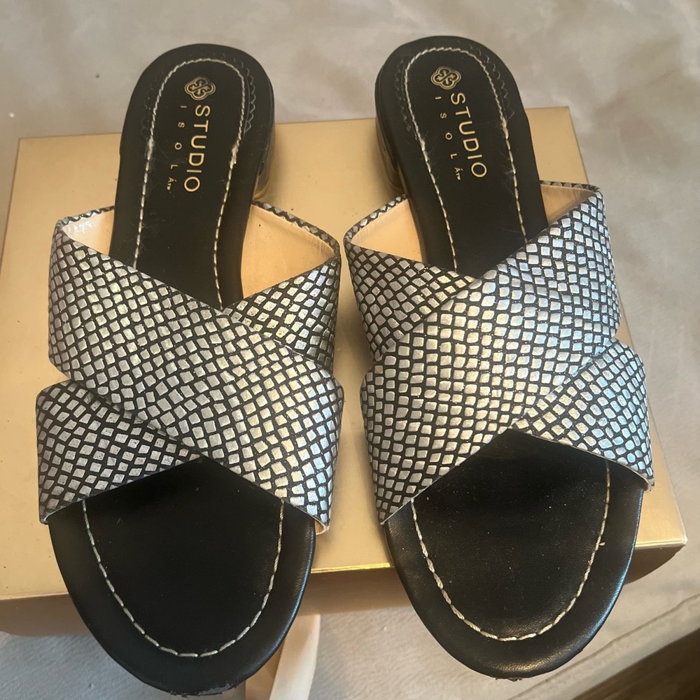 Black and silvered crisscrosss sandal  man made size 8 1/2 barely worn